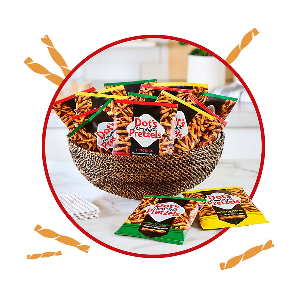 bowl of assorted snack size bags of dots homestyle pretzels