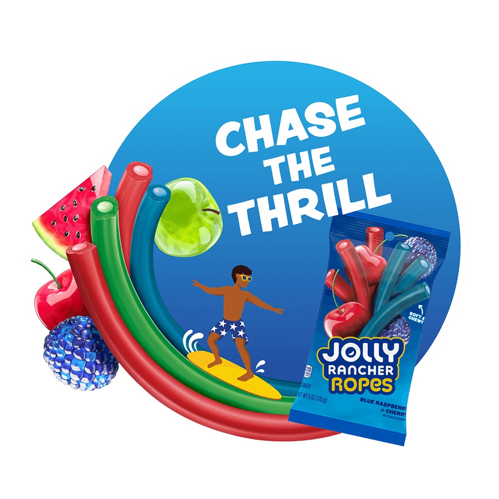 illustration of a man surfing down a wave made of jolly rancher ropes candy